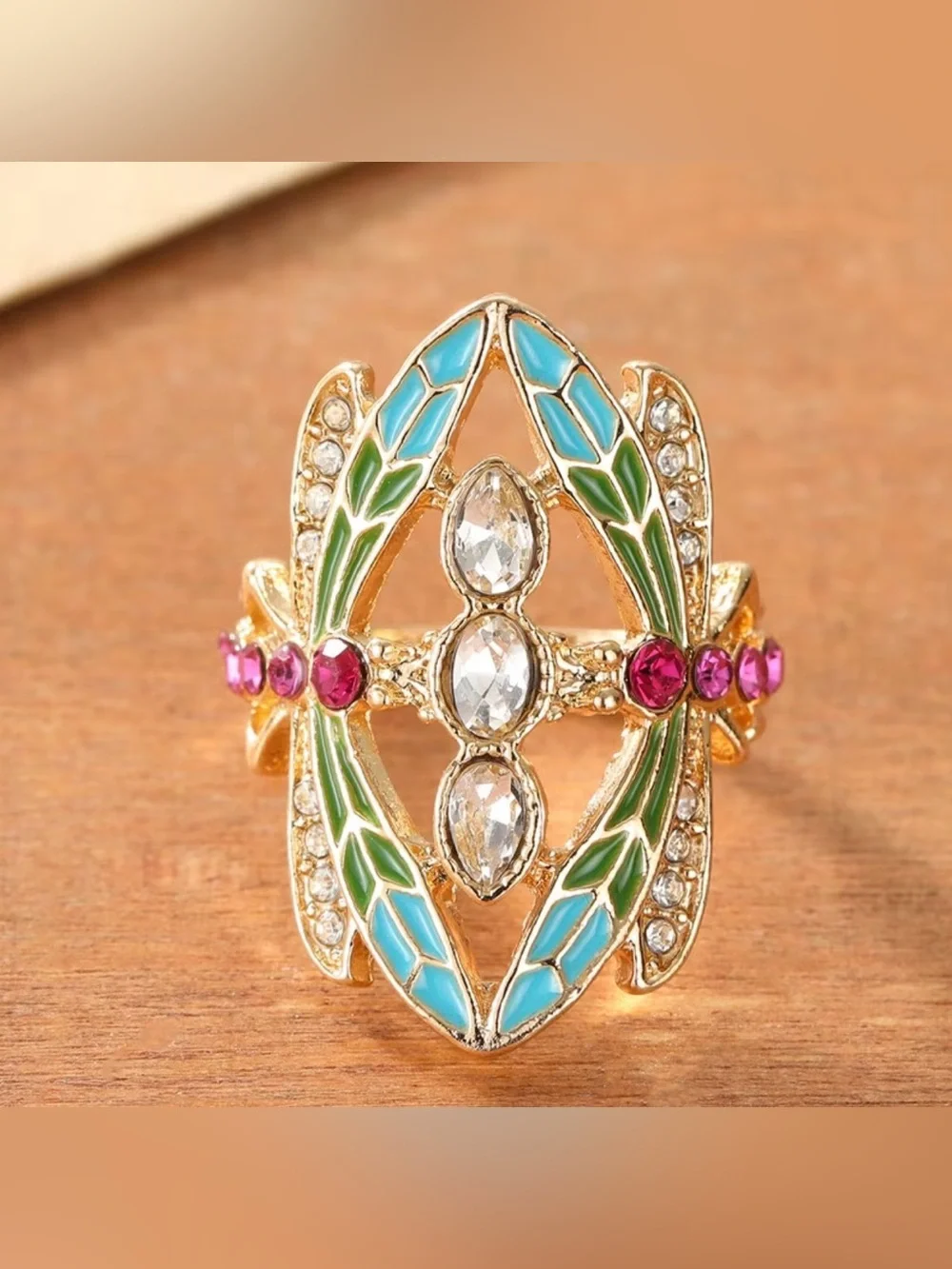 NEW! Vintage Style dragonfly Multicolor Enamel & Crystal Statement Ring